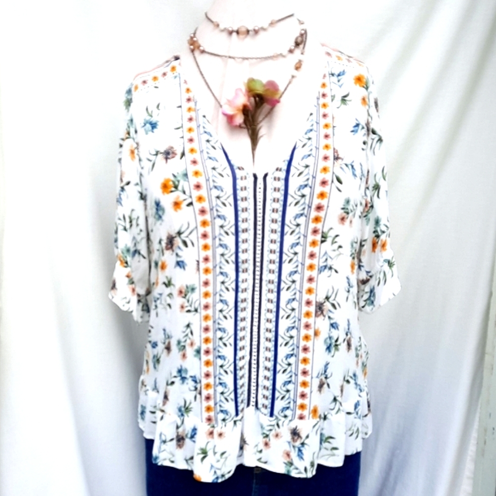 LUCKY BRAND Puff Sleeve, Floral Print V-Neck Top, Ruffle Hem